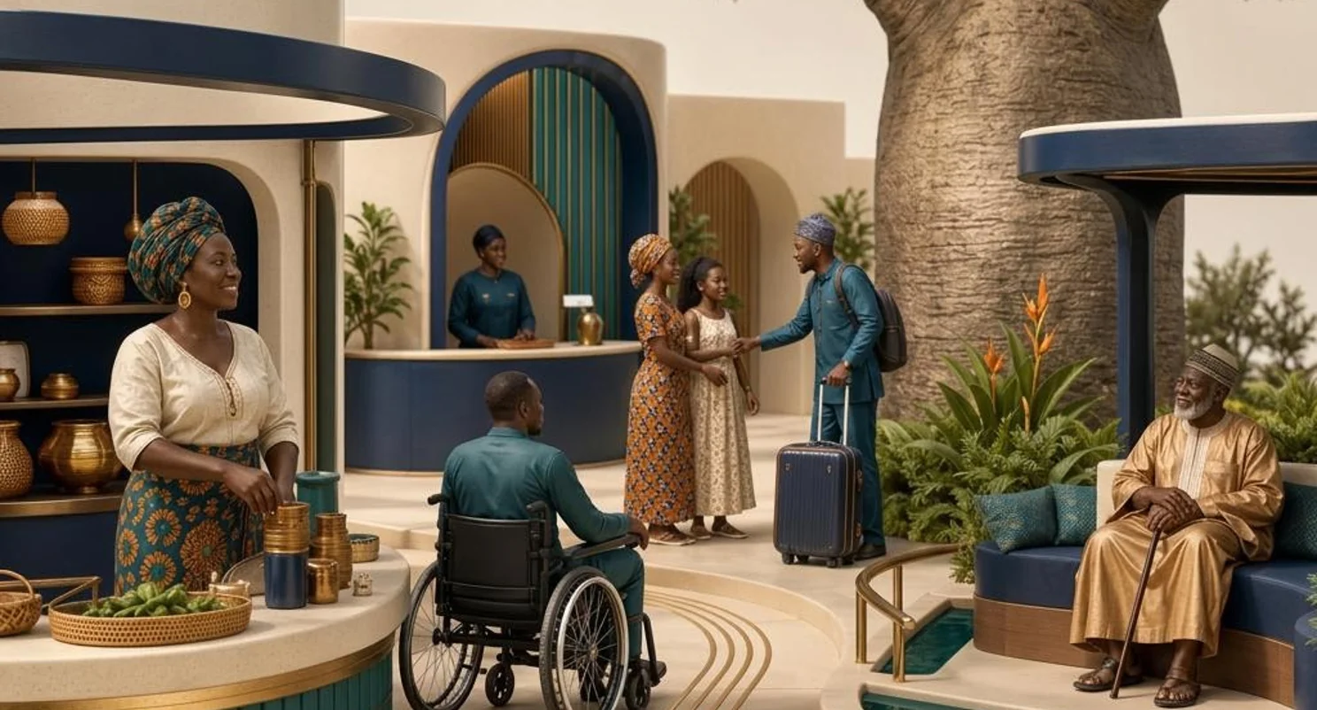 Illustrated accessible public space with a wheelchair user and people greeting each other